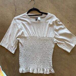 Smocked Ruffle Hem Short Sleeve Top - Cream